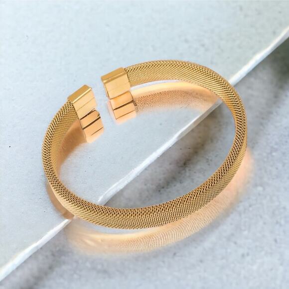 NEW 18K yellow gold mesh open cuff bracelet bangle adjustable jewelry B25A - Picture 3 of 8
